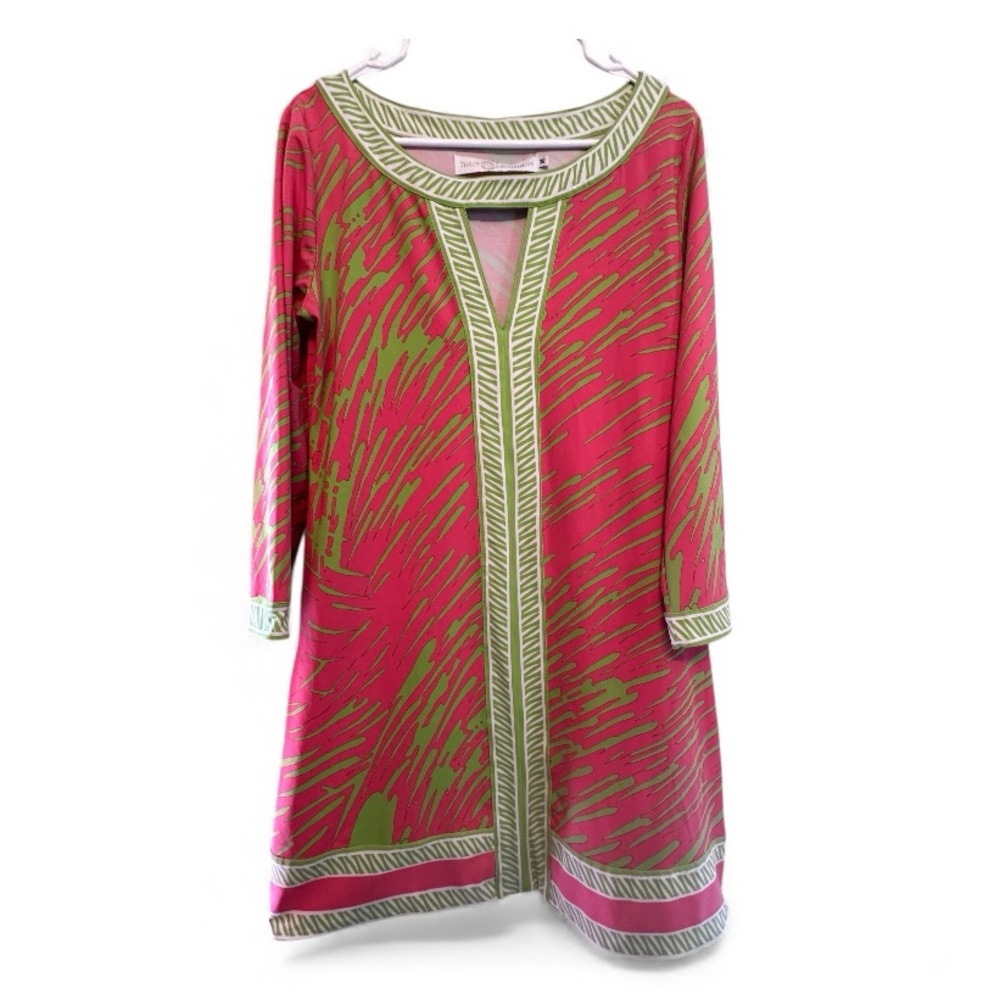 Tracy Negoshian Hot Pink and Lime Green Geometric Dress Medium